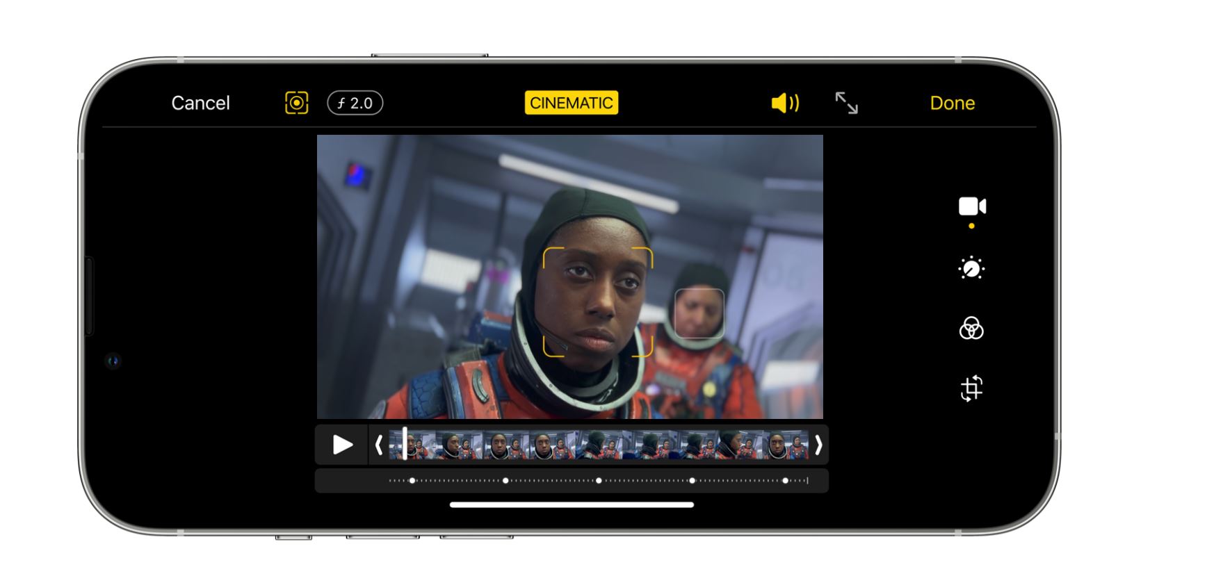 iPhone 13 Pro is capturing videos in cinematic mode.